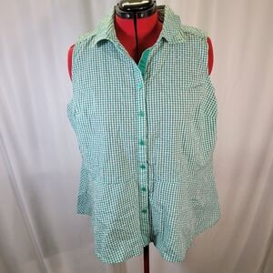 Kim Rogers Curvy Green White Gingham Checked Plaid Sleeveless Collared Shirt 1x